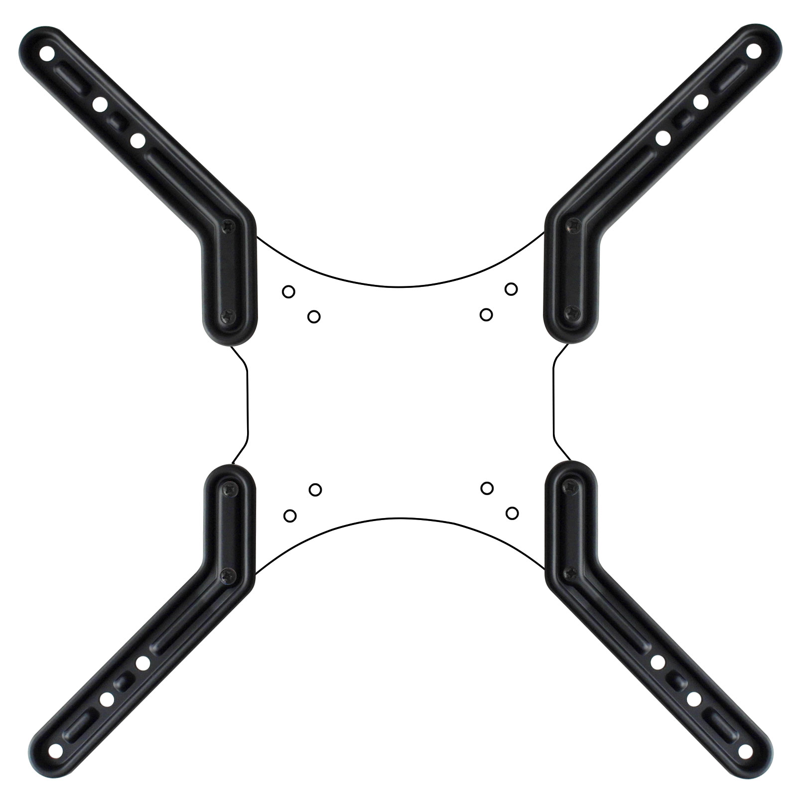 Schwarzer TV-Wandhalter aus Metall mit vier Armen und Befestigungslöchern.