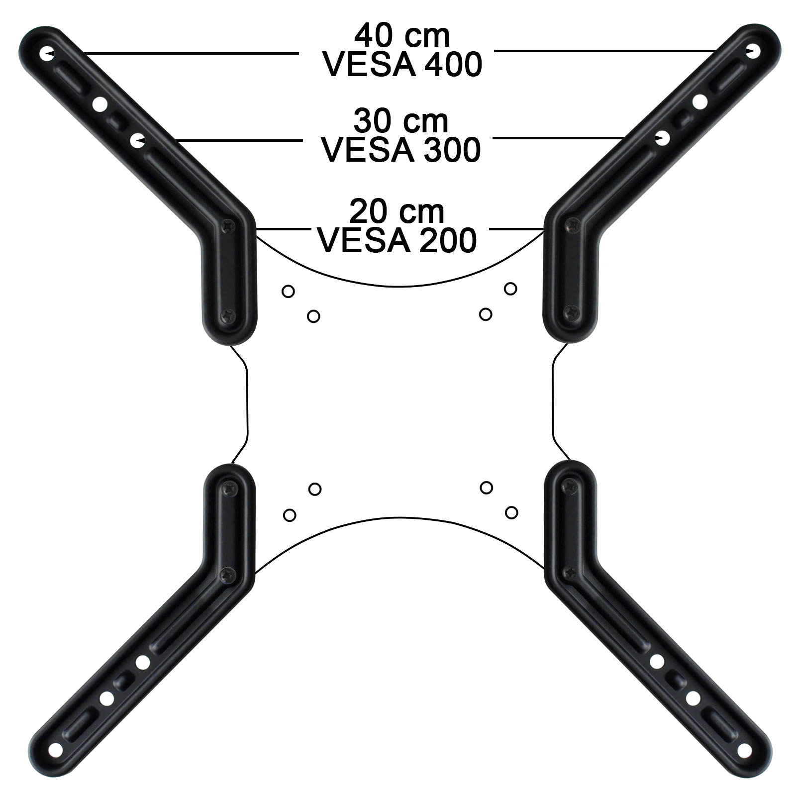 Schwarzer VESA-Adapter mit Maßen 20, 30, 40 cm.