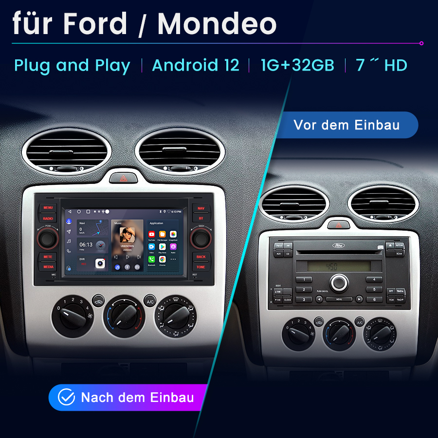 Vergleich Autoradios: Vorher mit Standardradio, nacher mit Touchscreen-Android-System.