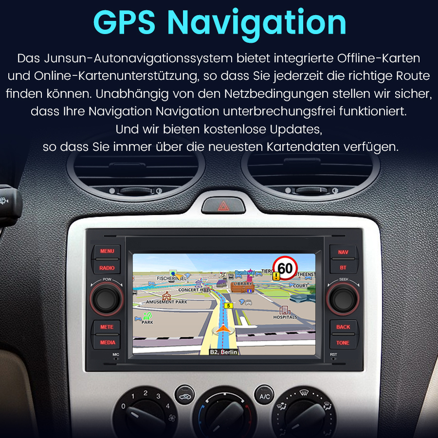 Ein Auto-Navigationssystem mit Kartenansicht und Bedienelementen.