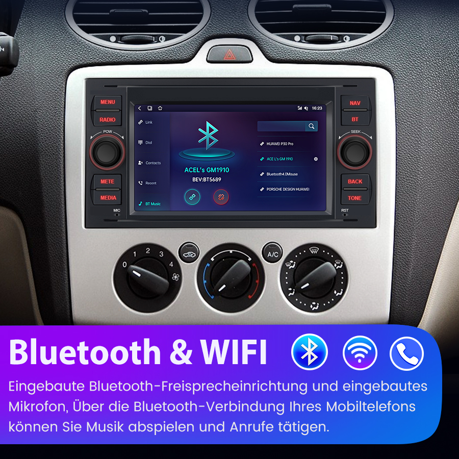 Ein Autoradio-Bildschirm mit Bluetooth- und WLAN-Symbolen und Menüoptionen.