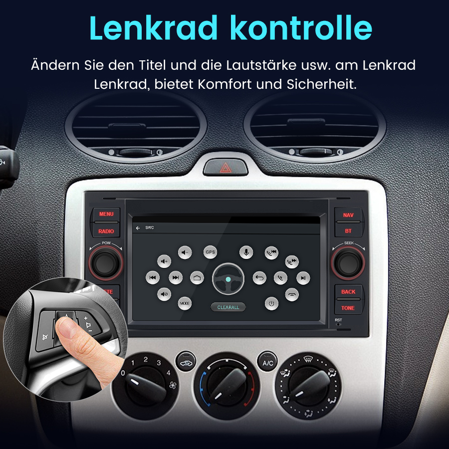 Nahaufnahme einer Autokonsole mit Touchscreen-Radio und Lenkradsteuerung.