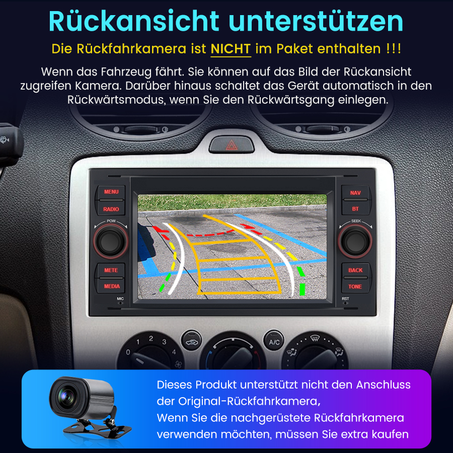 Auto-Display zeigt Rückfahrkamera-Bild mit Parkhilfslinien. Separate Kamera abgebildet.
