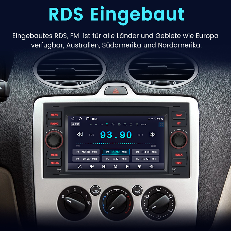 Ein Autoradio mit RDS-Anzeige, zeigt 93.90 MHz FM2 an.