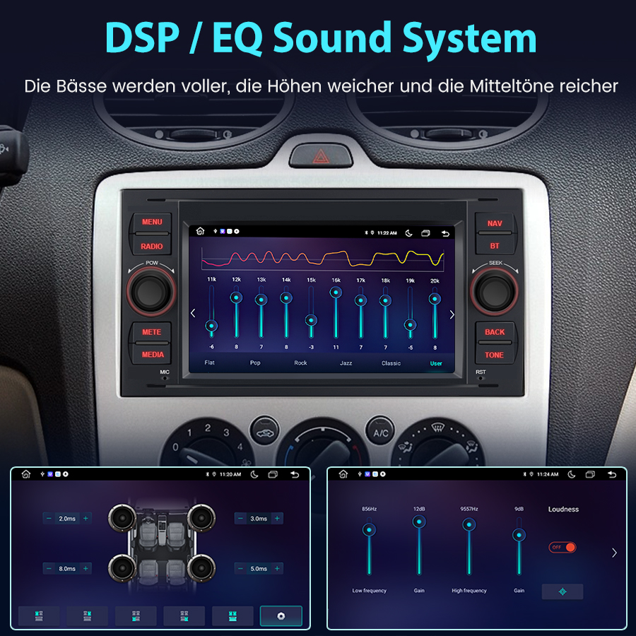 DSP/EQ-Audiosystem in einem Auto mit Equalizer- und Lautstärkeregelungen.