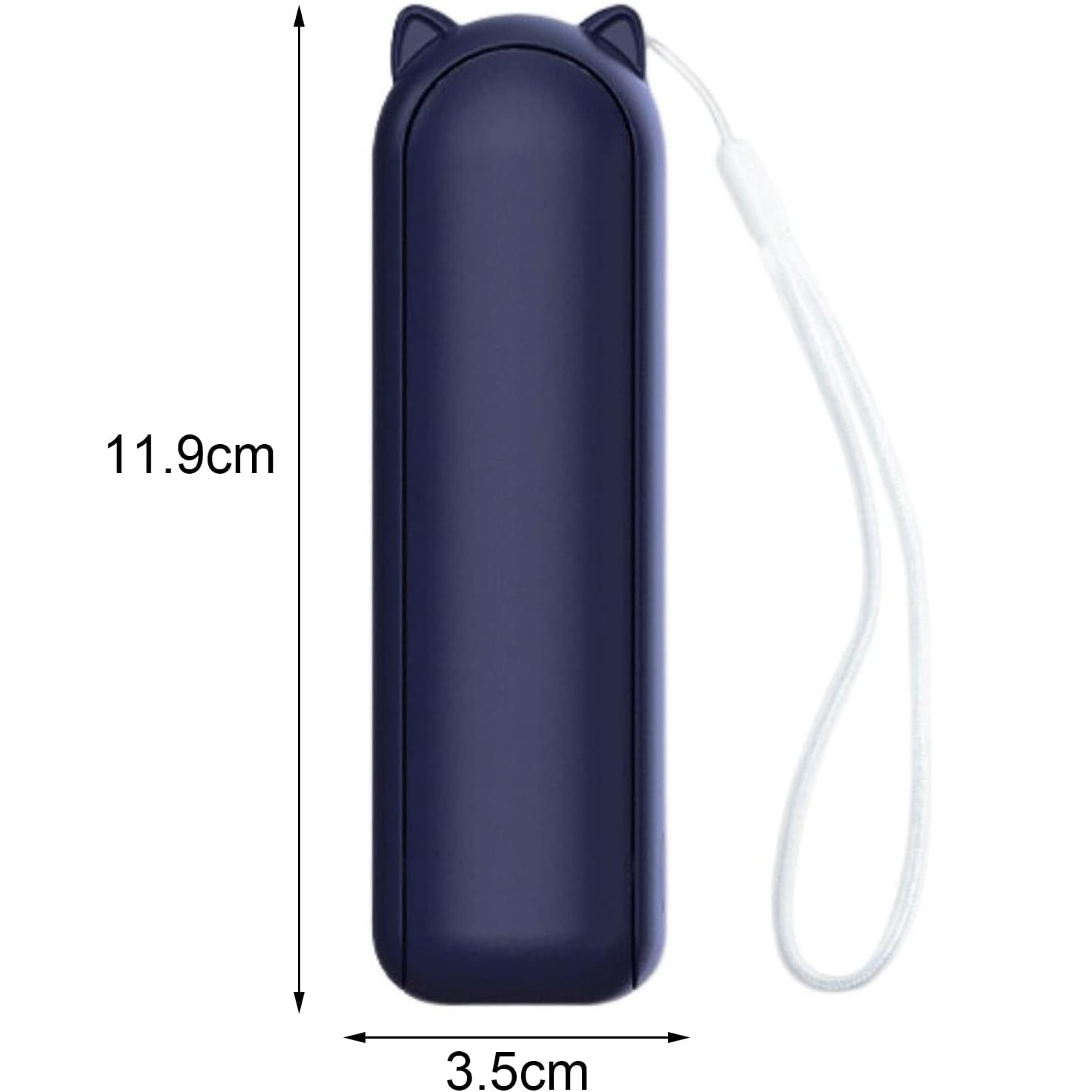 Eine dunkelblaue Hülle in Katzenohrenform mit weißem Riemen, 11,9 cm hoch, 3,5 cm breit.