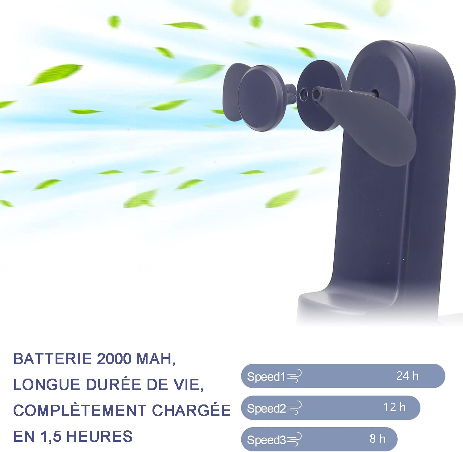 Ein dunkler Ventilator mit Blättern, der Luft und Blätter bewegt. Batterie 2000 mAh.