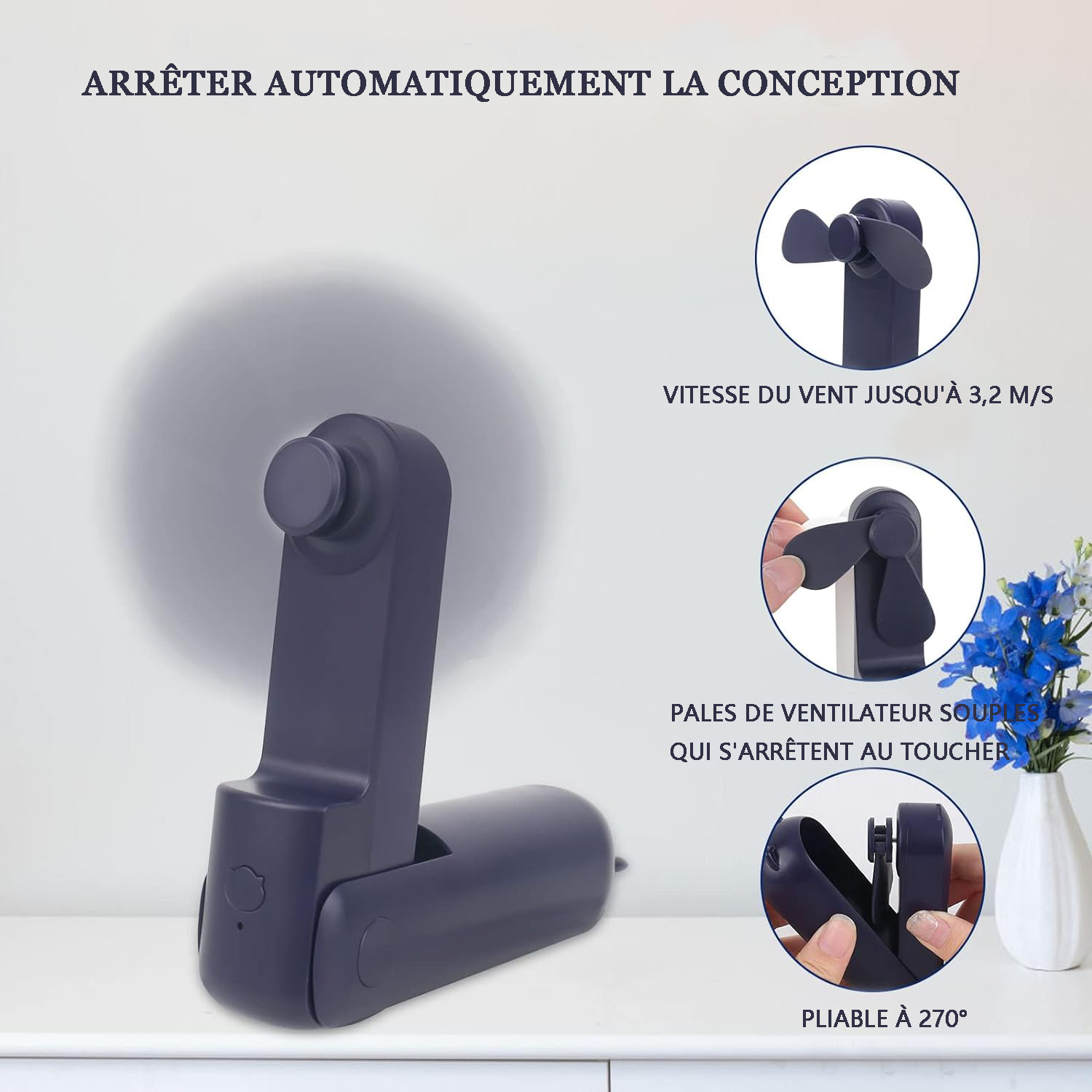 Ein dunkelblauer, faltbarer Mini-Ventilator steht auf einem Tisch. Details zeigen seine Funktionen.