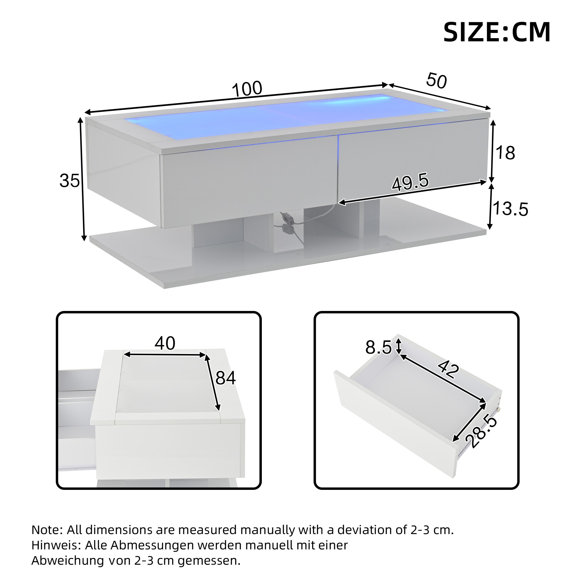 Weißer Couchtisch mit LED-Beleuchtung und Maßangaben.
