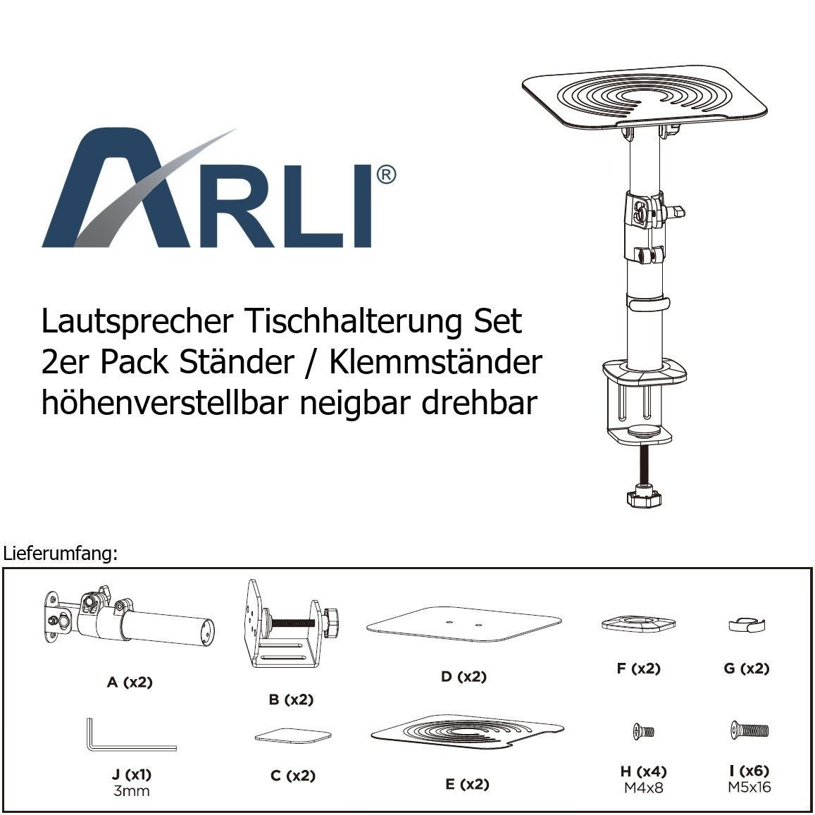 Illustration von Lautsprecher-Tischhalterungen und Zubehörteilen.
