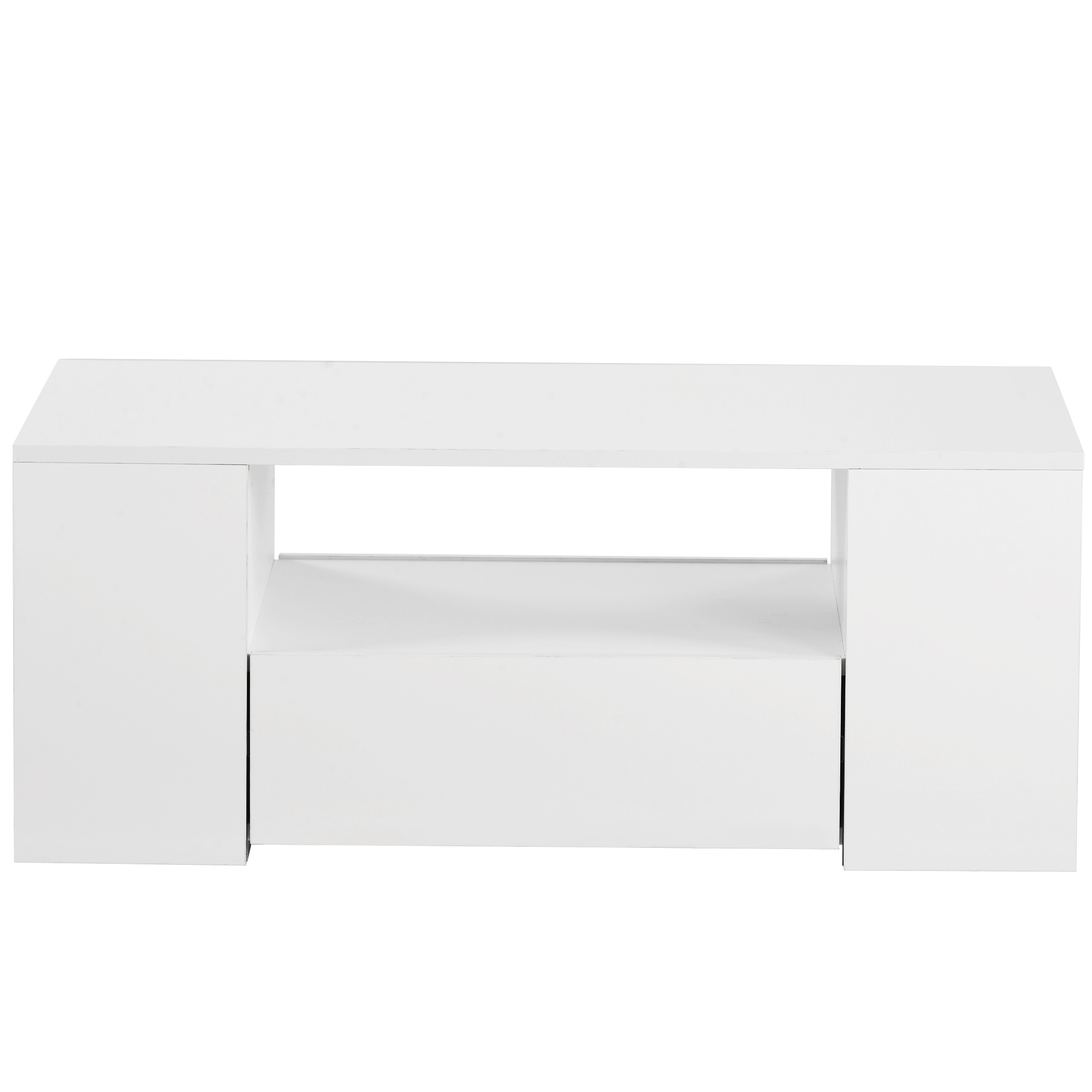 Ein weißer moderner TV-Schrank mit zwei Türen und einem offenen Fach.