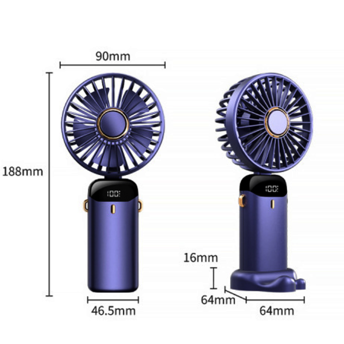 Blauer Handventilator mit digitalen Anzeigen und Maangaben.