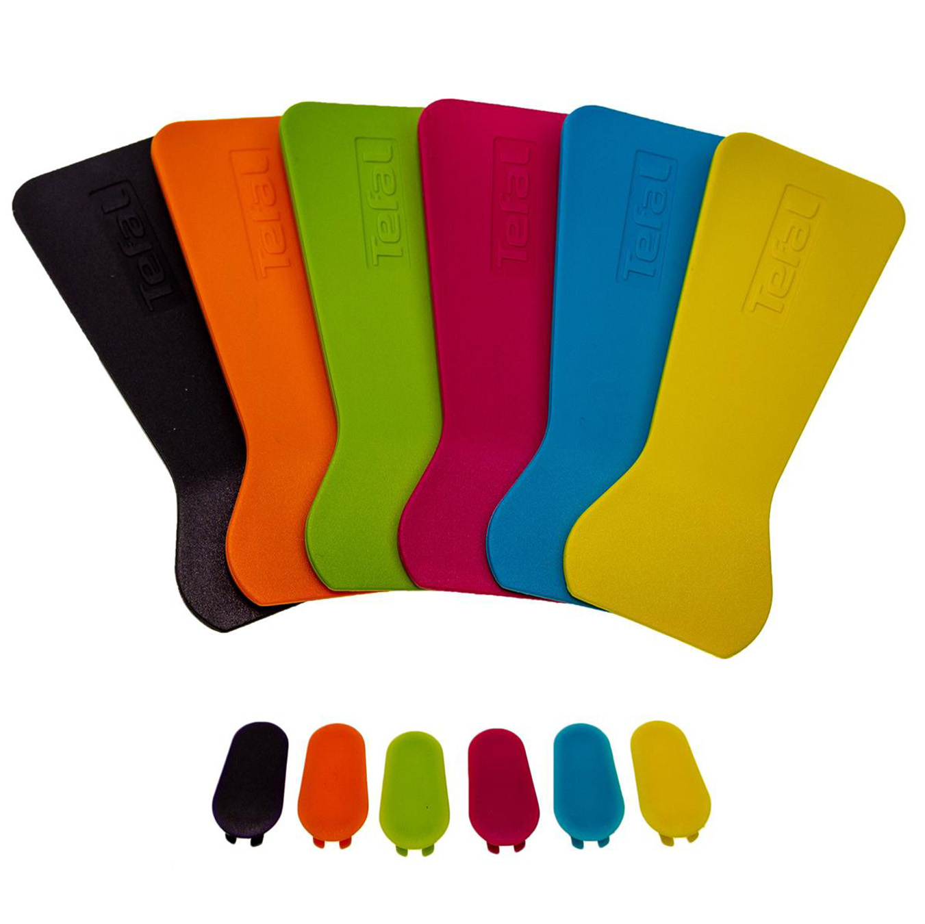 Sei spatole Tefal in diversi colori: nero, arancione, verde, rosa, blu, giallo.