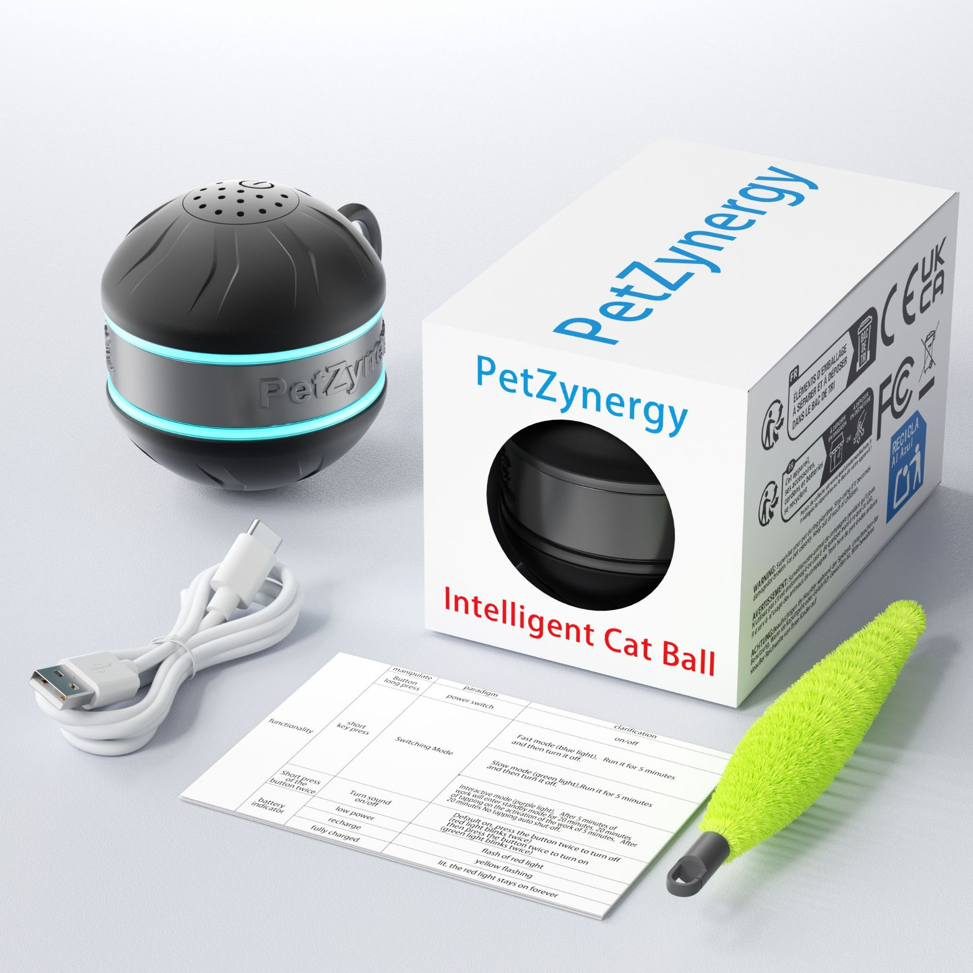Ein schwarzer intelligenter Katzenball mit blauem Licht, Ladekabel und Anleitung.