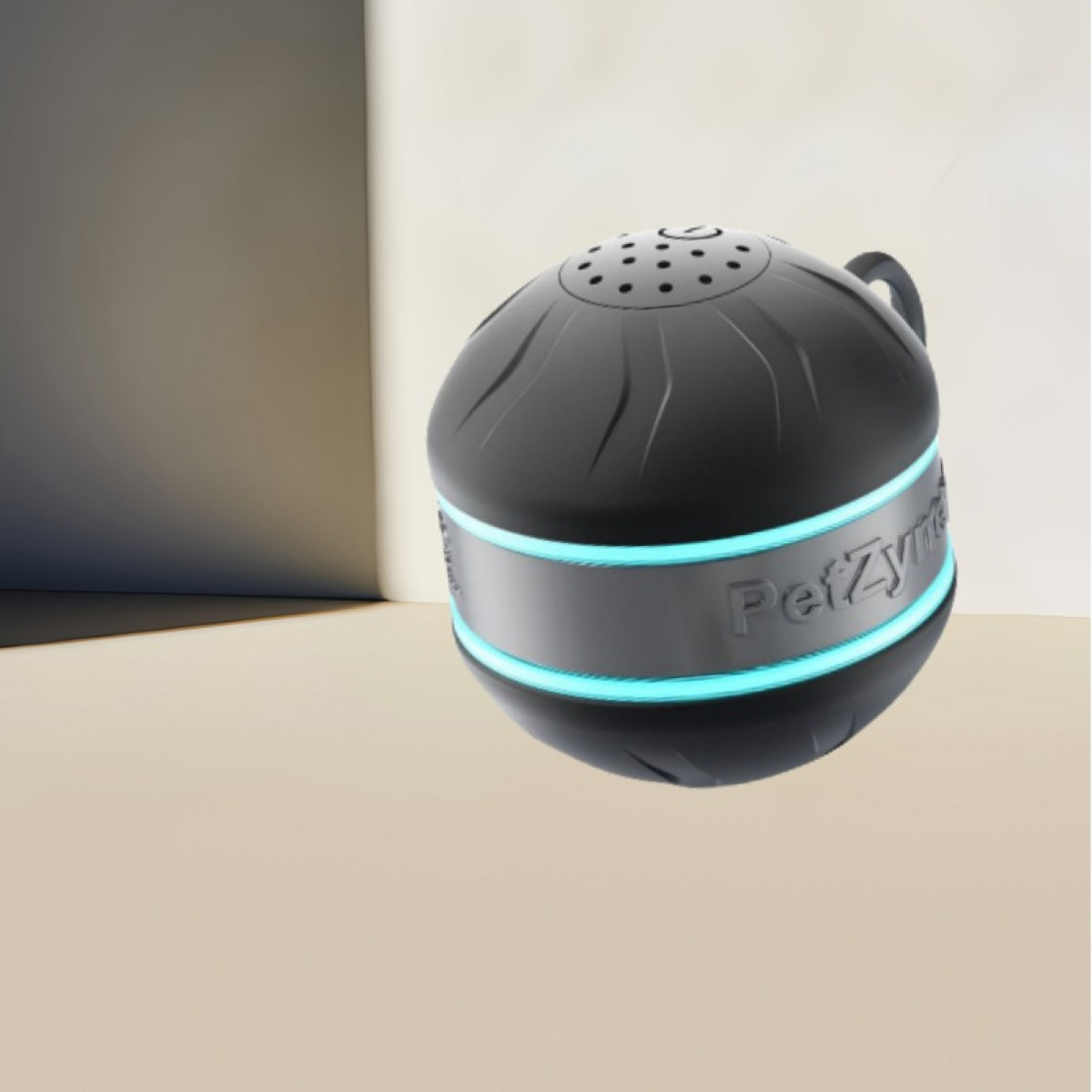Ein schwarzer Ball mit blauen Lichtern und dem Text PetZyme.