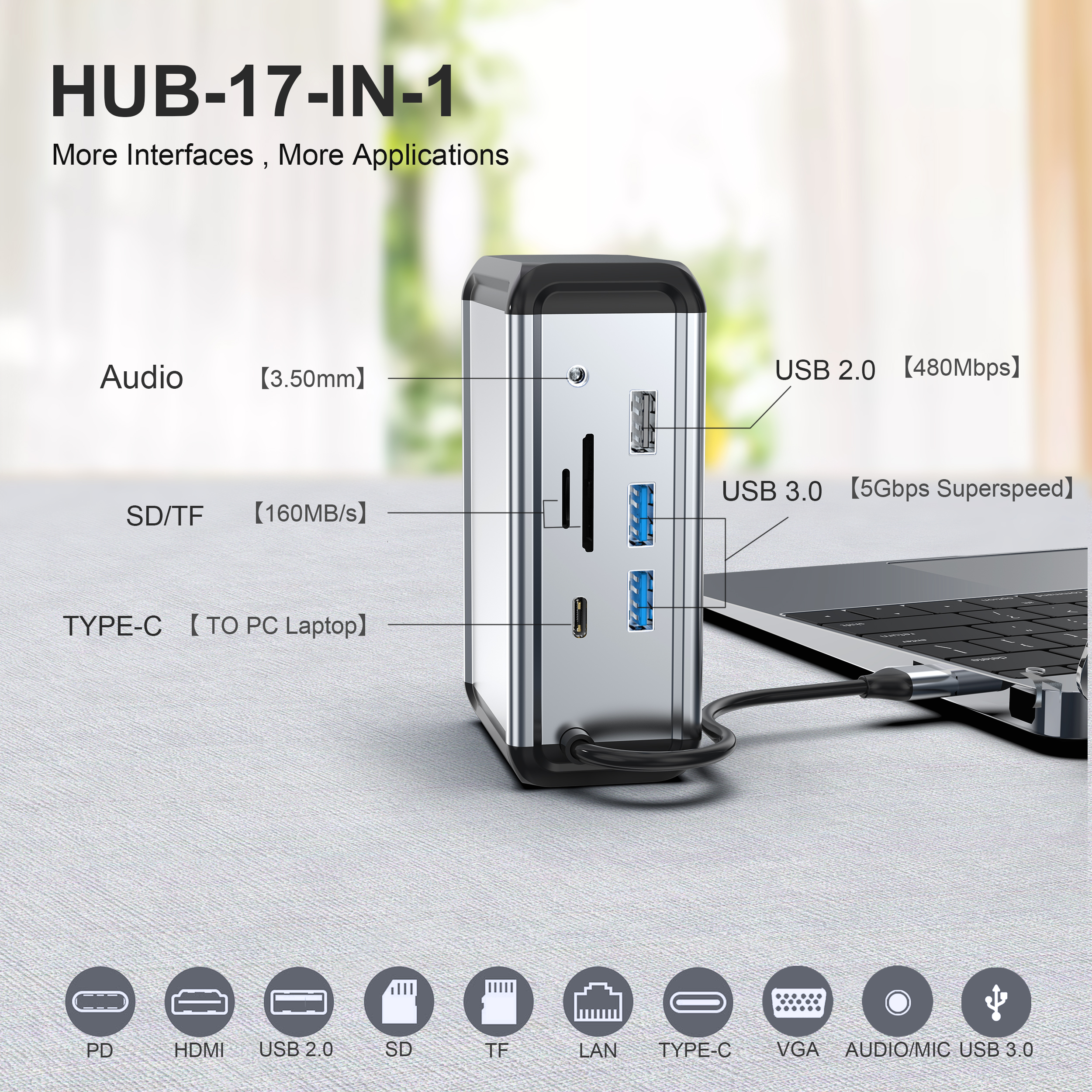 Silberner 17-in-1 USB-C-Hub mit vielen Anschlüssen, angeschlossen an einen Laptop.
