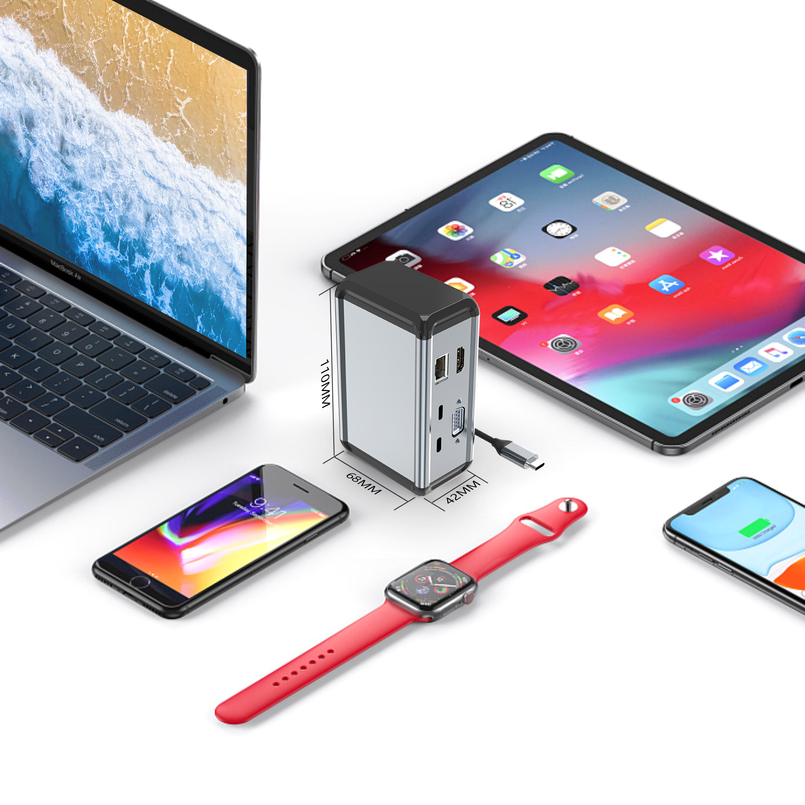 Ein Laptop, ein Tablet, ein Smartphone, eine Smartwatch und ein USB-C-Hub auf weißem Hintergrund.