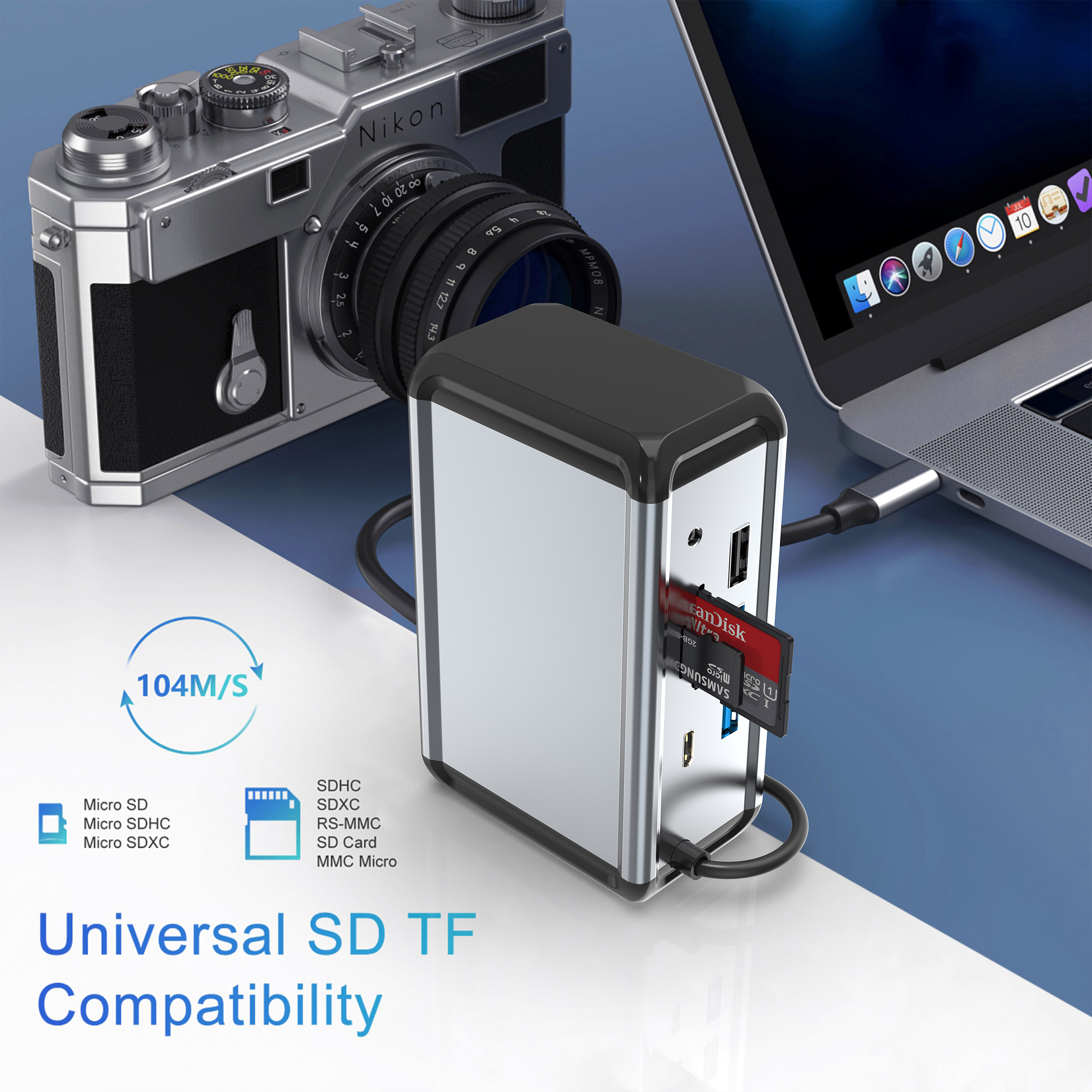 Nikon-Kamera, silberner Hub mit SD-Karten und angeschlossenem Laptop.