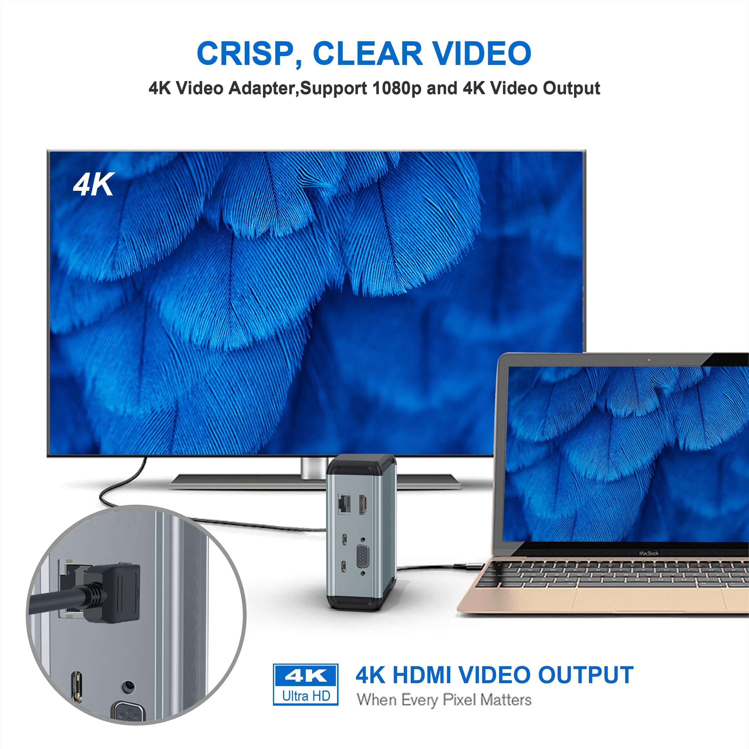Ein 4K-Adapter verbindet einen Laptop mit einem Monitor für gestochen scharfe Videos.