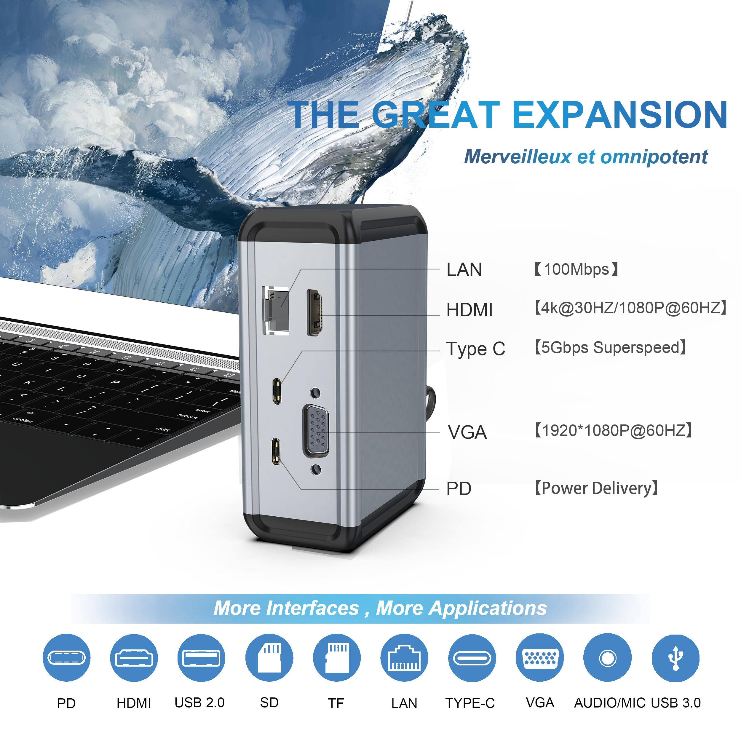 Ein Laptop mit einem grauen Hub daneben. Beschriftungen zeigen Anschlüsse wie LAN, HDMI, Type C, VGA, PD.