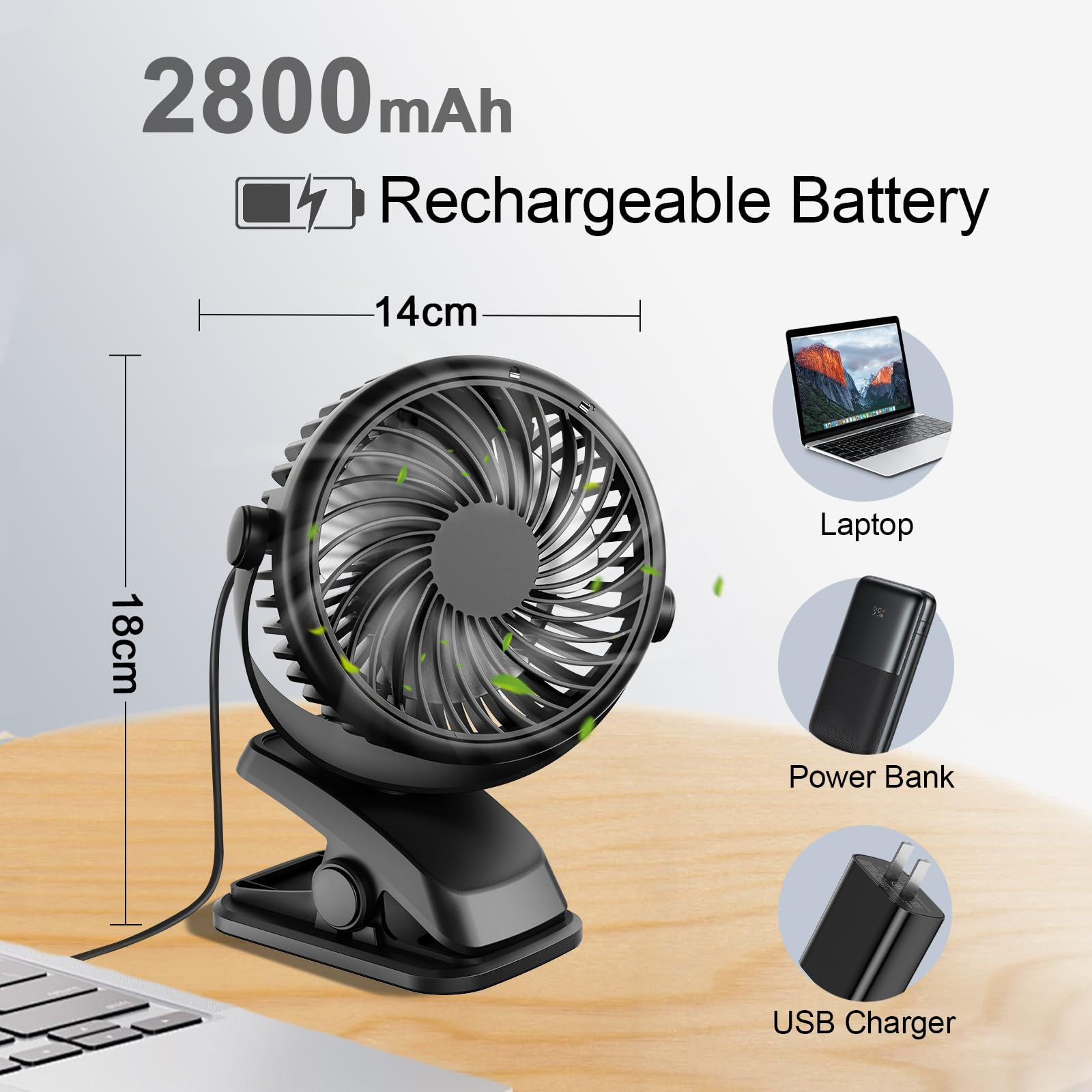 Ein schwarzer Clip-Ventilator mit Maßen 14x18cm, 2800mAh Akku.