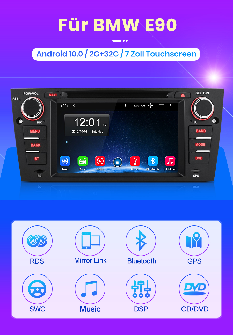 Ein Autoradio für BMW E90 mit Android 10.0, 7-Zoll-Touchscreen und vielen Funktionen.