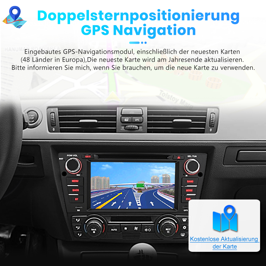 Autonavigationssystem mit Straßenansicht und Städten.