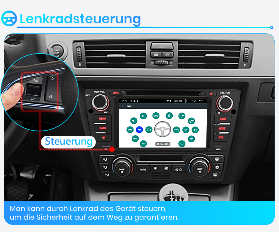 Ein Finger bedient ein Lenkrad, das Autoradio zeigt Steuerungssymbole.