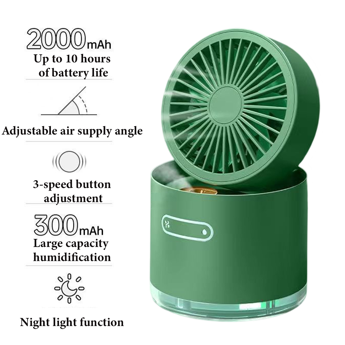 Grüner Ventilator mit Nachtlichtfunktion, einstellbarem Winkel und 3 Geschwindigkeiten.