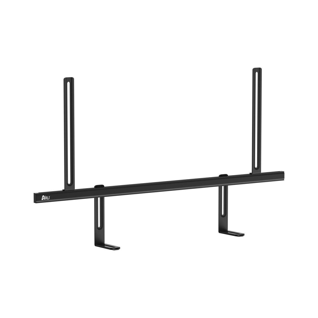 Ein schwarzer, schwenkbarer TV-Wandhalter mit zwei vertikalen Schienen.