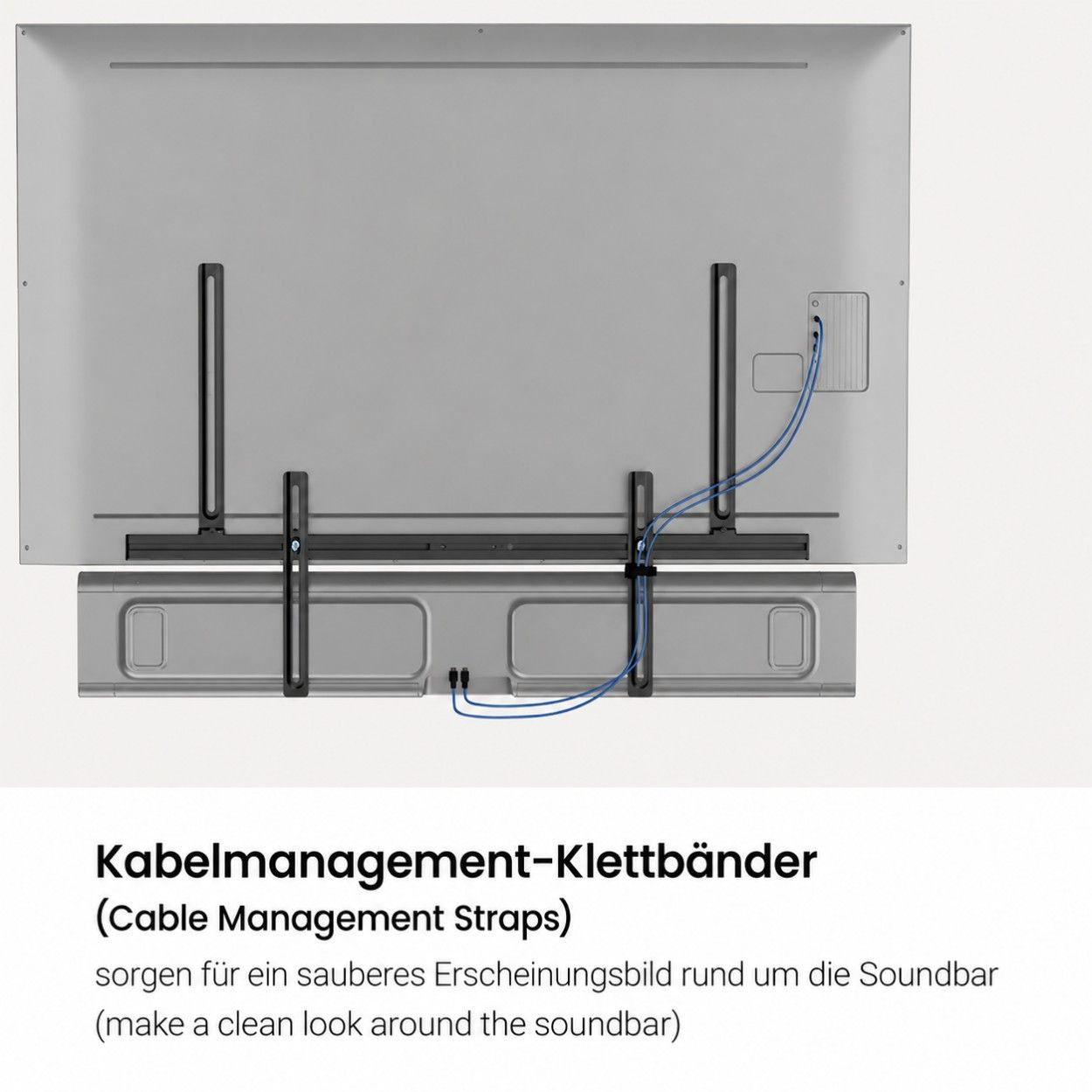 Rückseite eines Fernsehers mit Soundbar und Kabelmanagementriemen.