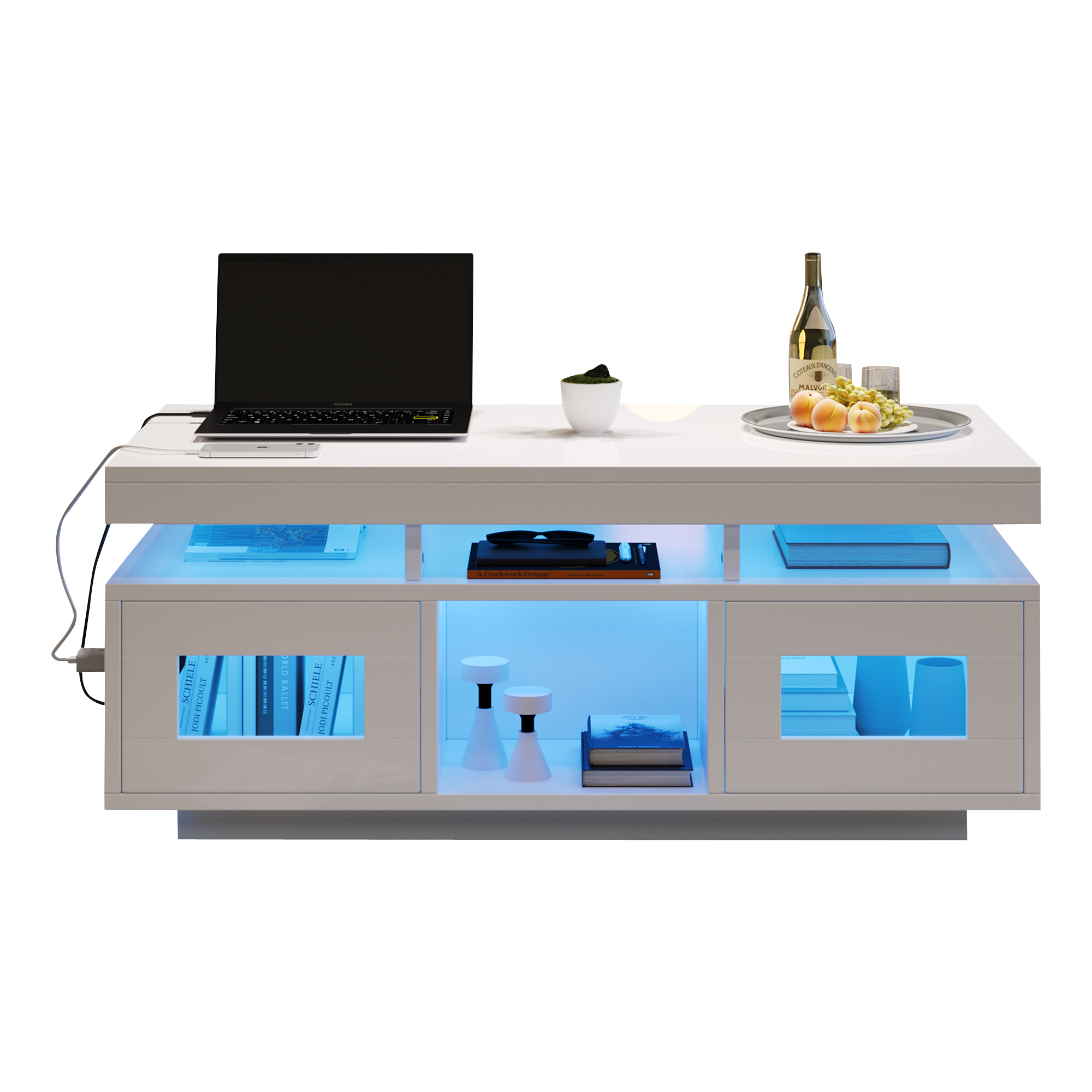 Ein weißes TV-Möbel mit Laptop, Flasche Wein, Früchten und Büchern.