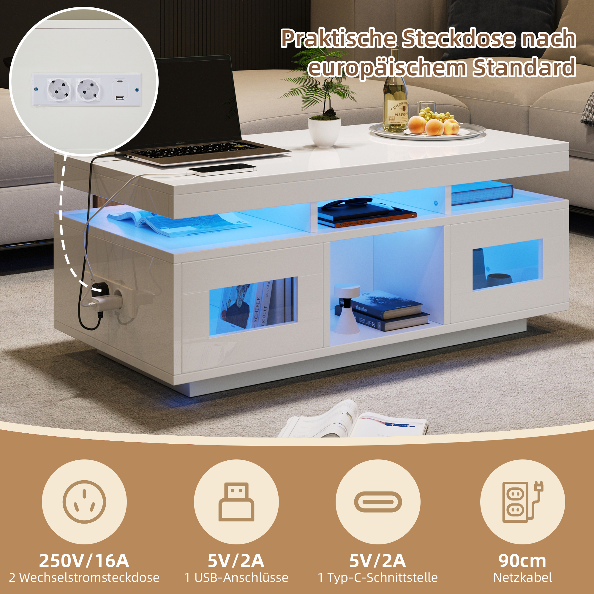 Moderner weißer Couchtisch mit integrierter Steckdose, USB-Anschlüssen und blauer LED-Beleuchtung.