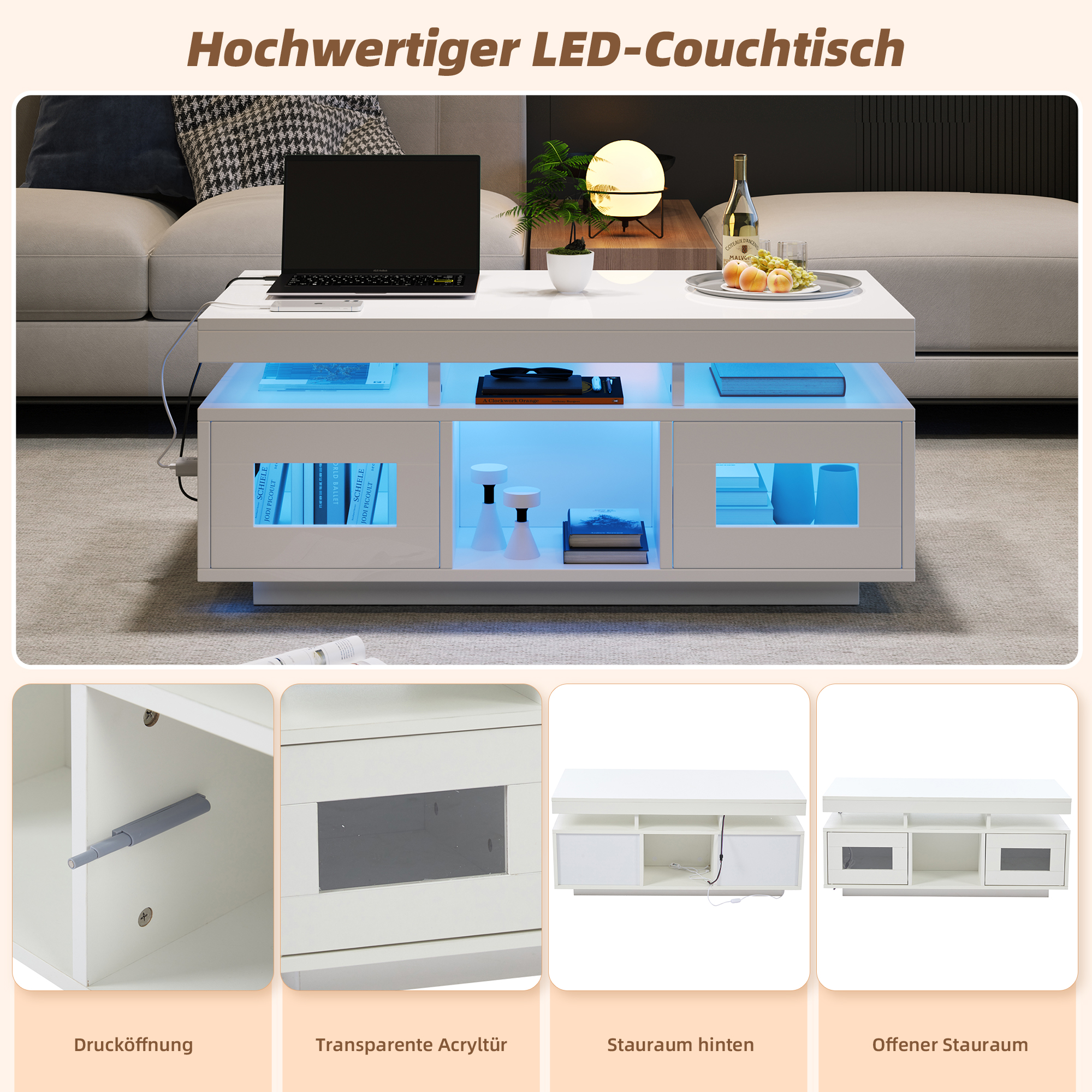Moderner weißer Couchtisch mit LED-Beleuchtung, Laptop, Lampe und Getränken.
