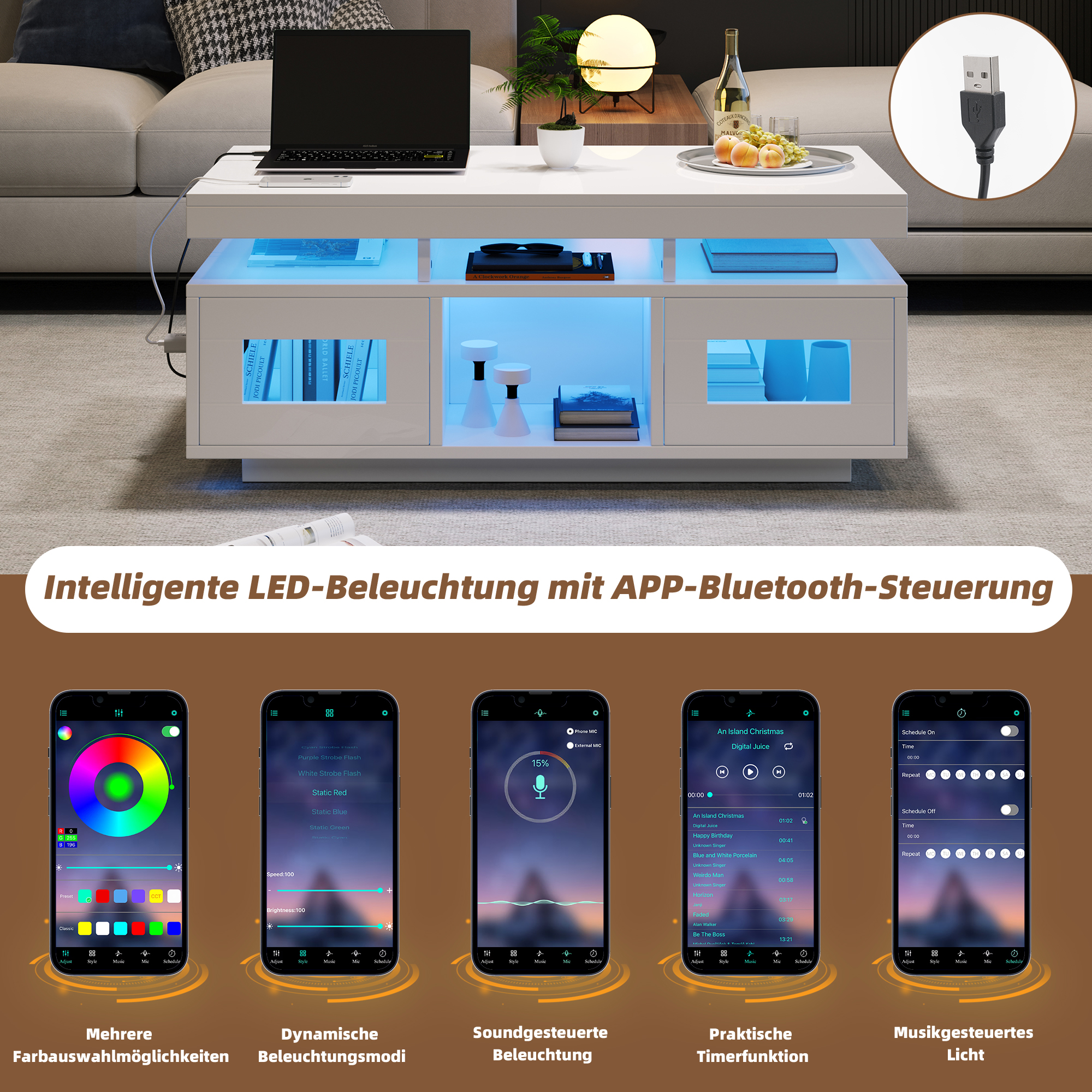 Ein weißer Couchtisch mit integrierter blauer LED-Beleuchtung, Laptop, Lampe und Flasche.