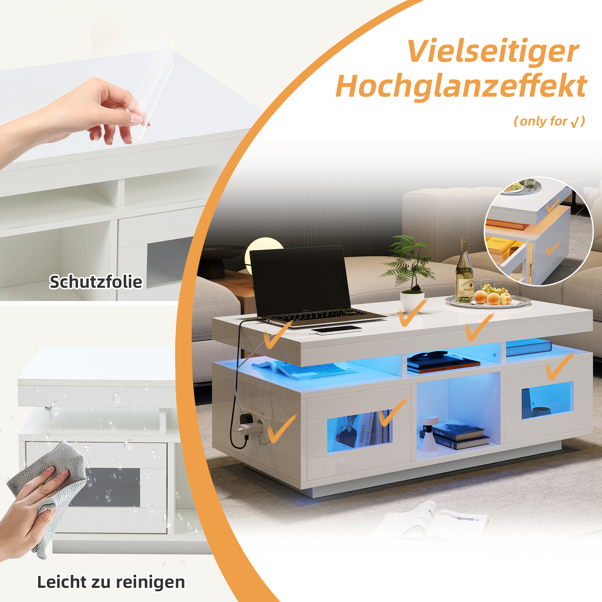 Ein weißer Couchtisch mit Laptop, Büchern und blauer LED-Beleuchtung.