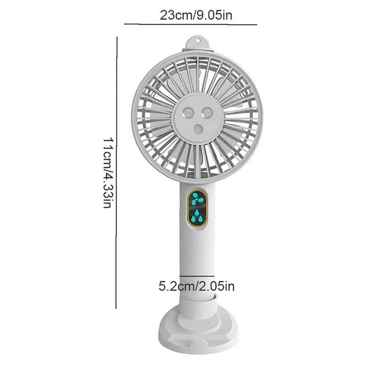 Ein weißer Handventilator mit zwei Geschwindigkeitsanzeigen und Maßen.