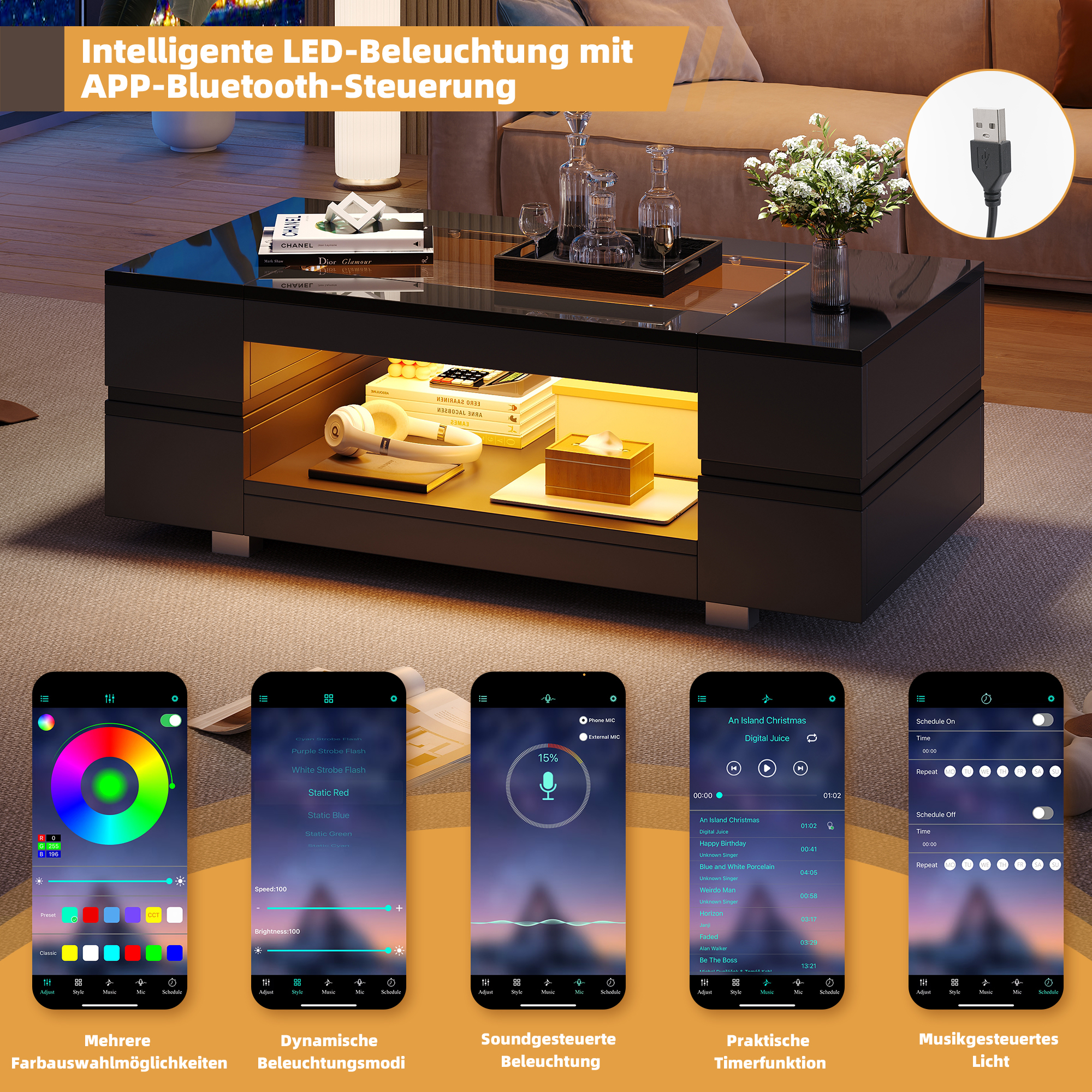 Ein moderner Wohnzimmertisch mit LED-Beleuchtung und Smartphone-App-Steuerung.