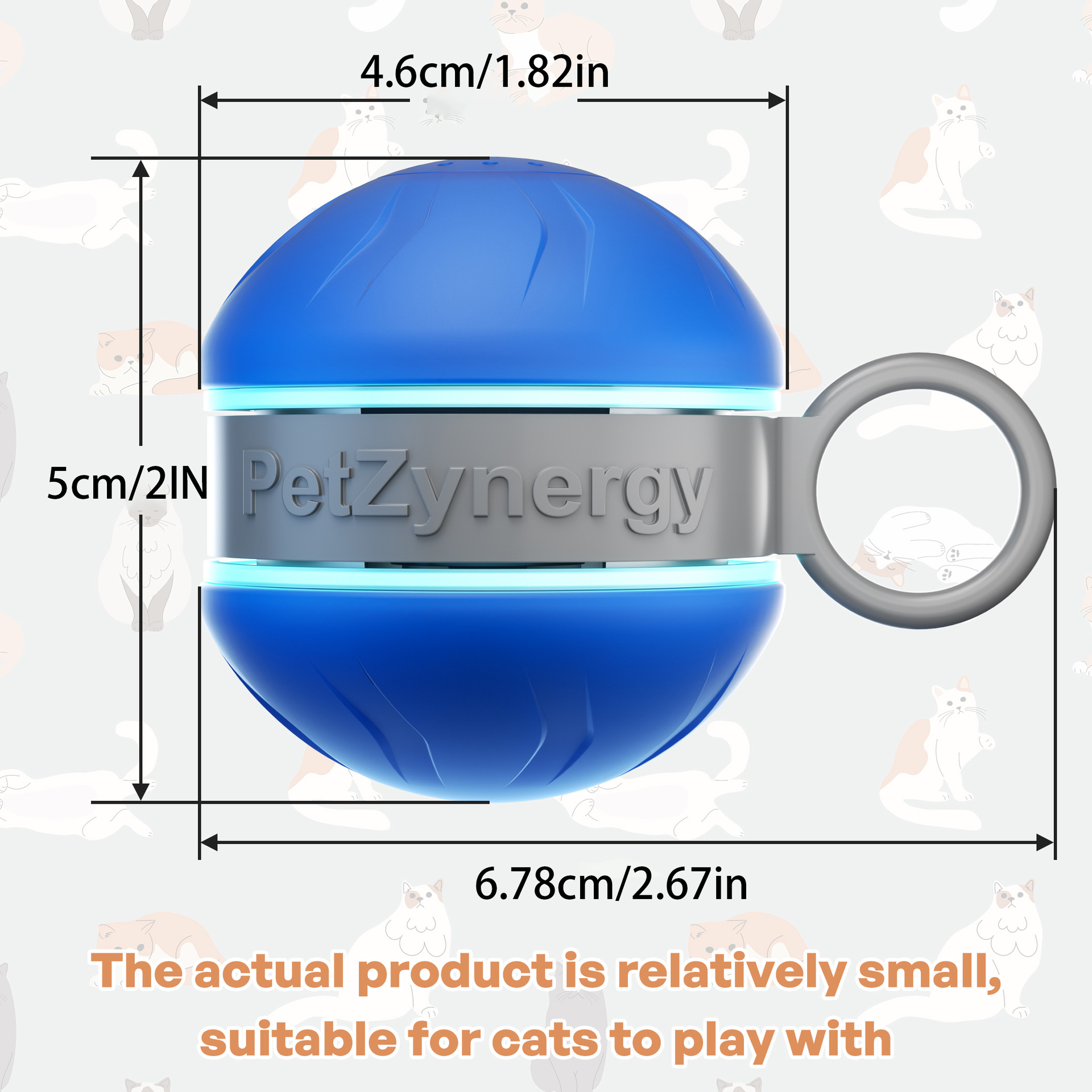 Blaue Spielzeugkugel mit PetZynergy-Logo, Maße 5x6,78x4,6cm.