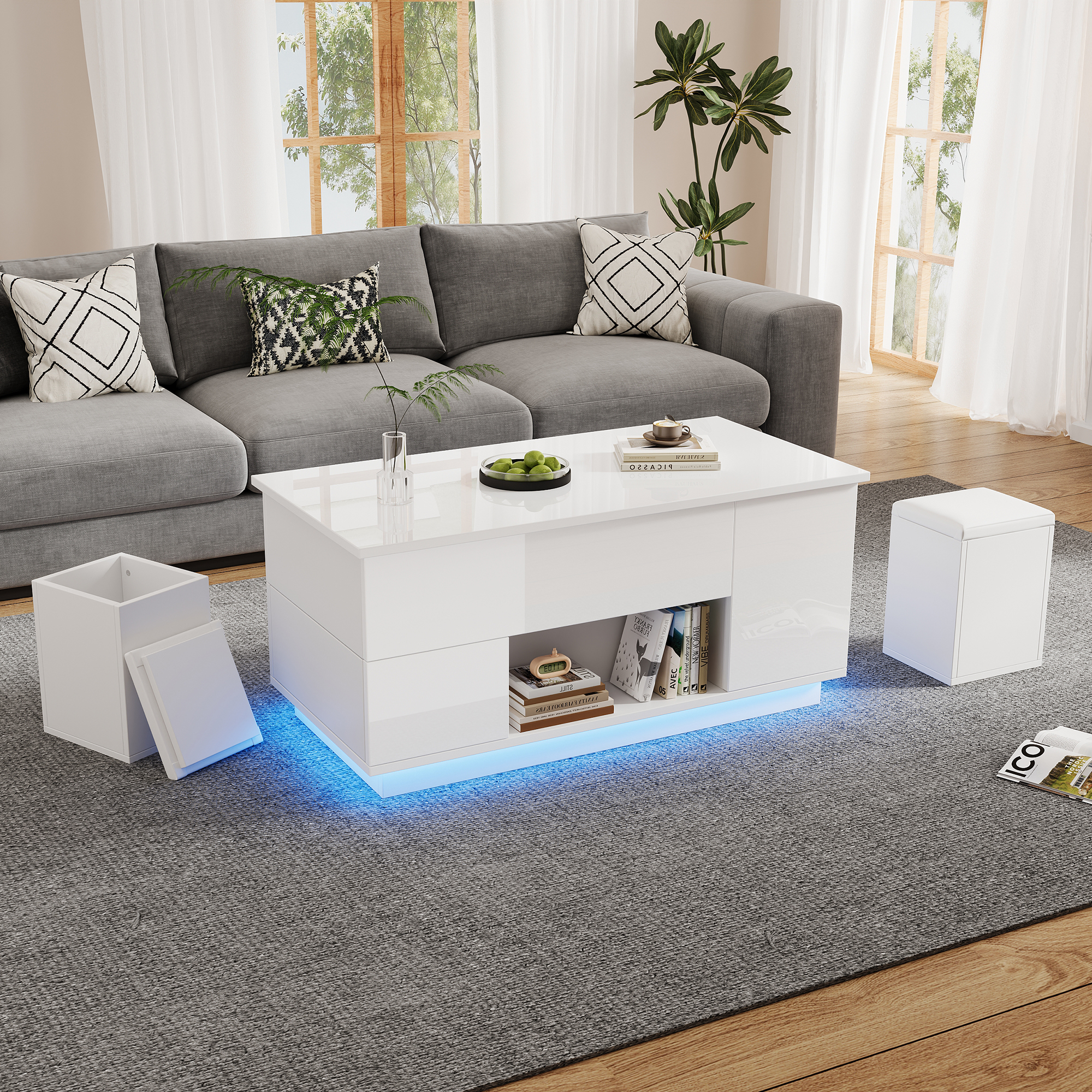 Ein modernes Wohnzimmer mit grauem Sofa, weißem Couchtisch und blauer Beleuchtung.