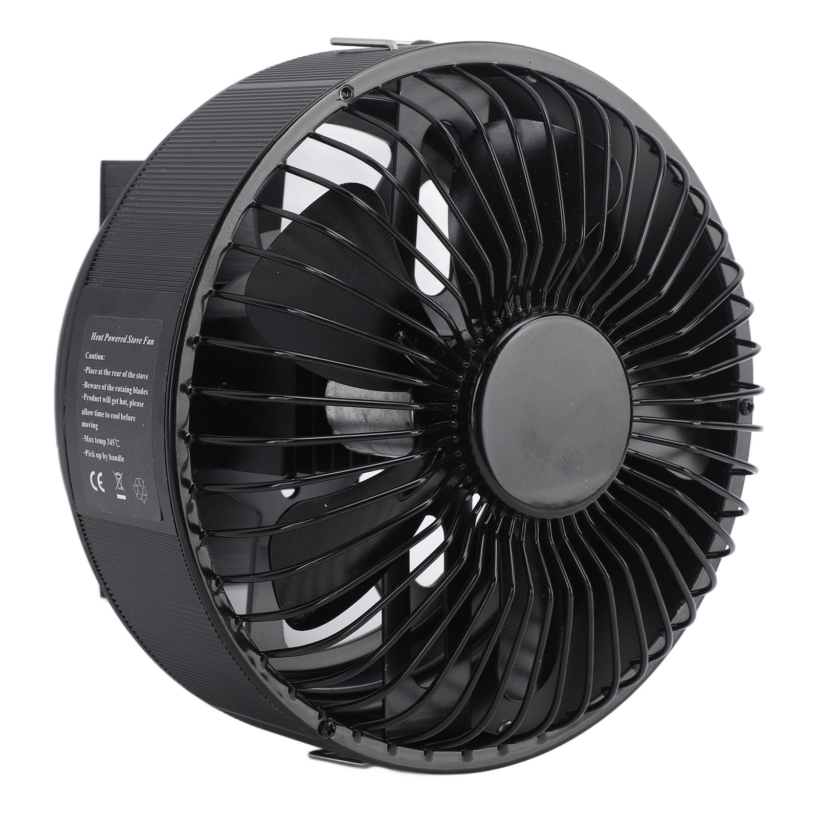 Ein schwarzer, hitzebetriebener Ofenventilator mit schwarzen Rotorblättern und einem zentralen schwarzen Kreis.
