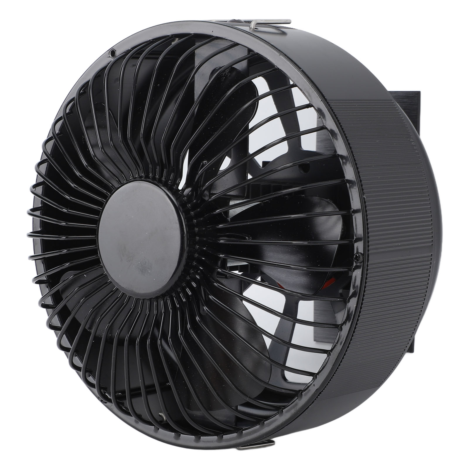 Ein schwarzer, runder Ventilator mit Lamellen und einem Mittelknopf.