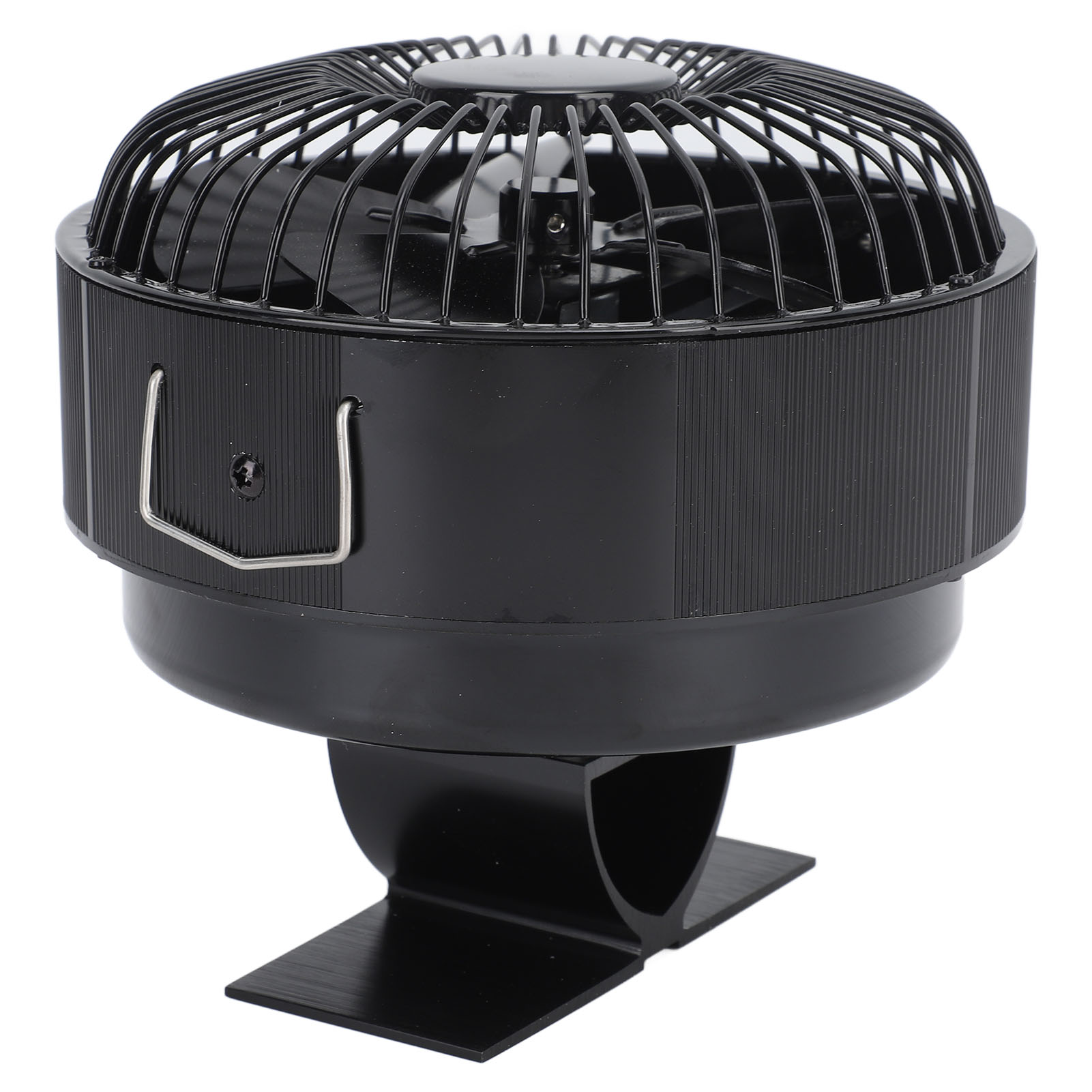 Ein schwarzer tragbarer Ventilator mit Metallgitter und Ständer.