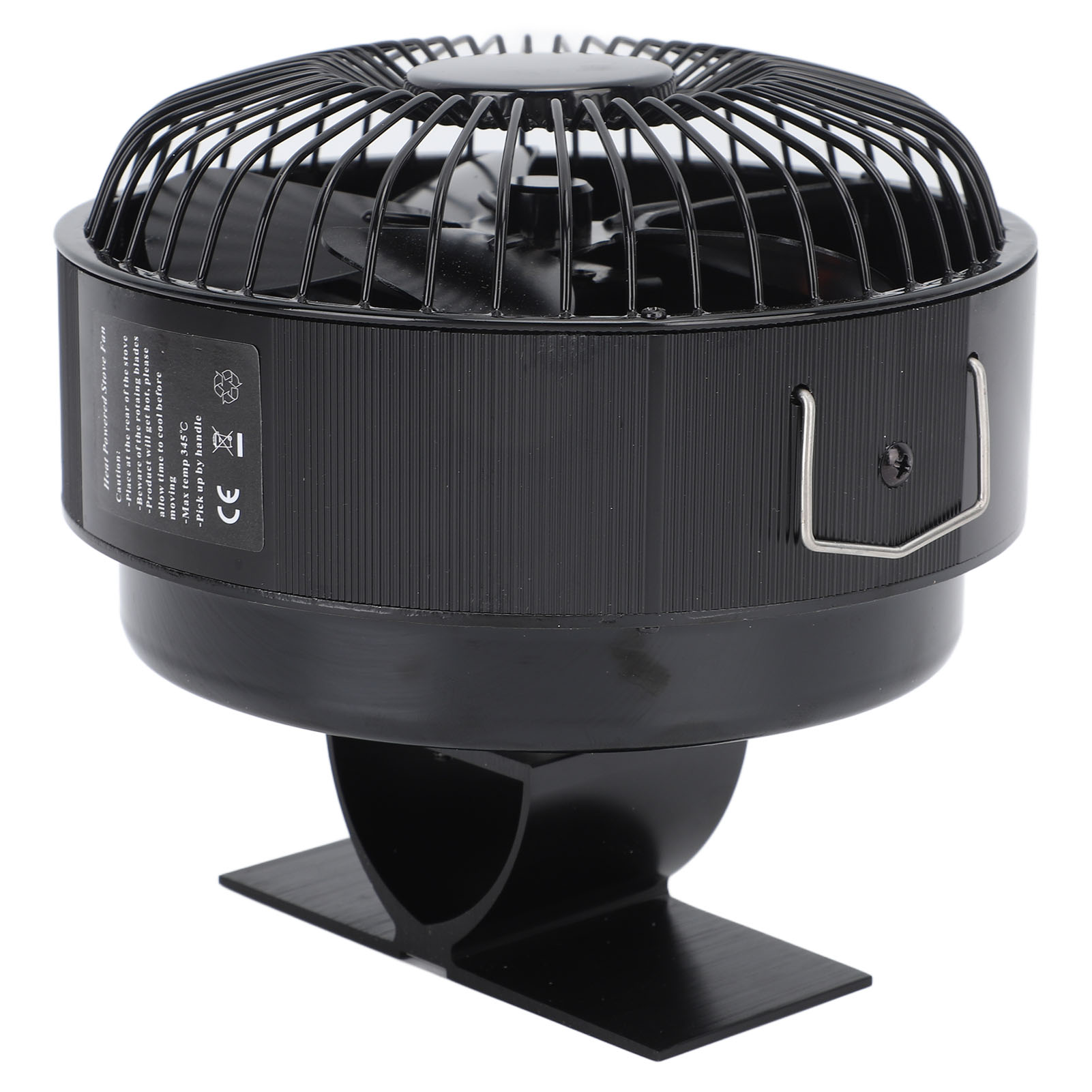 Ein schwarzer, hitzebetriebener Ofenventilator mit Metallgitter und Basis.