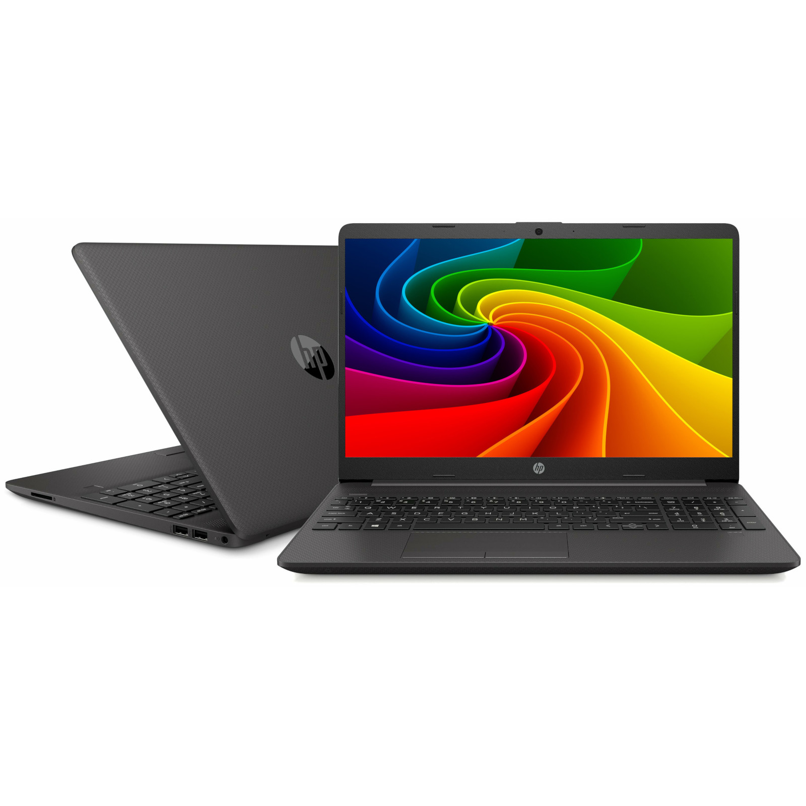 Zwei dunkle HP Laptops nebeneinander. Einer ist geschlossen, der andere geöffnet mit buntem Hintergrund.