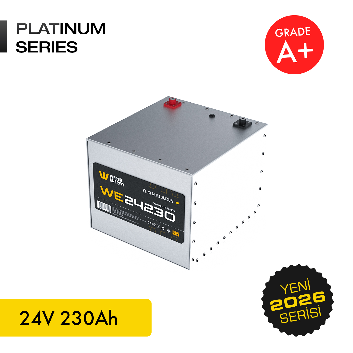 Kırmızı ve siyah terminalli gri akü, metin: PLATINUM SERIES, 24V 230Ah, GRADE A+