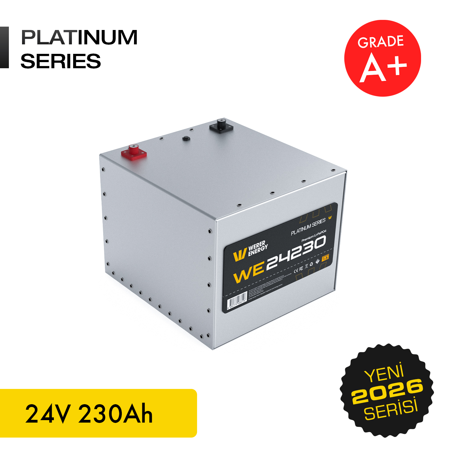 Kırmızı ve siyah terminalli Gümüş Platinum Series 24V 230Ah akü. A+ Sınıfı.