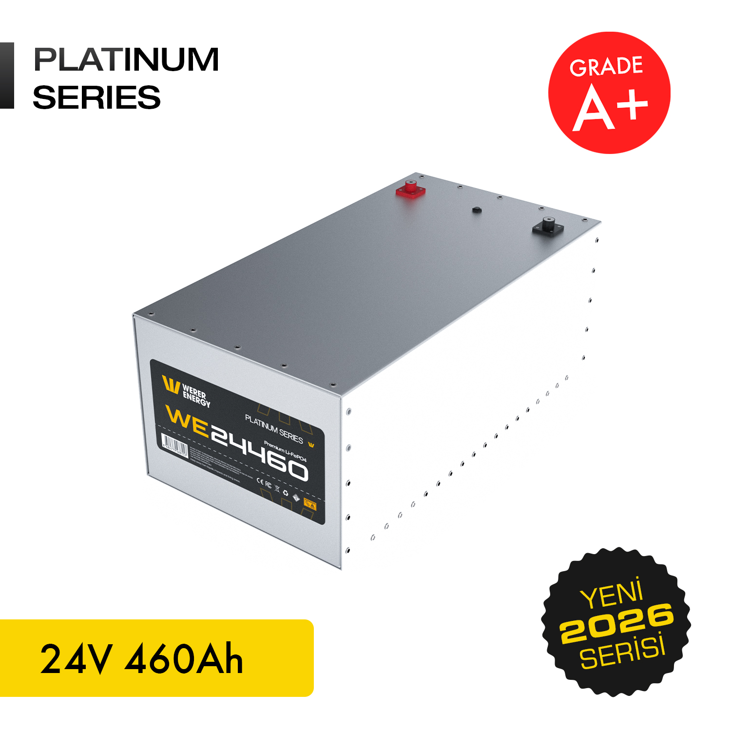 24V 460Ah, "Grade A+" ve "Yeni 2026 Serisi" etiketli gümüş Platinum Series pil.