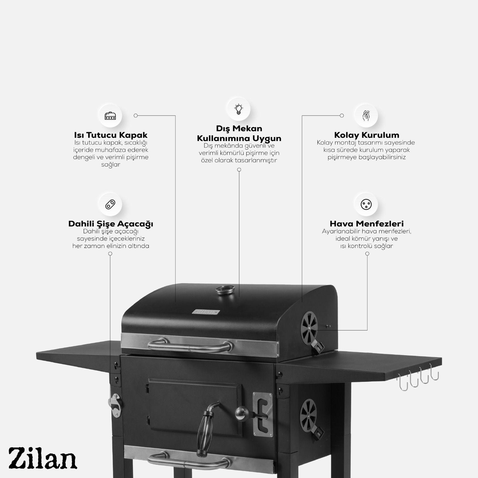 Czarny grill z pokrywą utrzymującą ciepło, odpowiedni do użytku na zewnątrz i łatwy w montażu.
