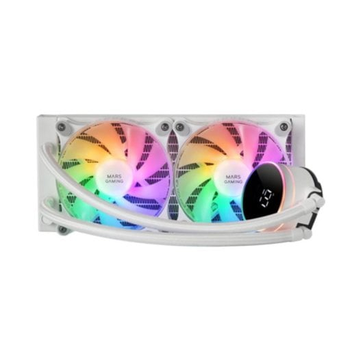 Raffreddatore PC bianco con due ventole RGB arcobaleno e display digitale.